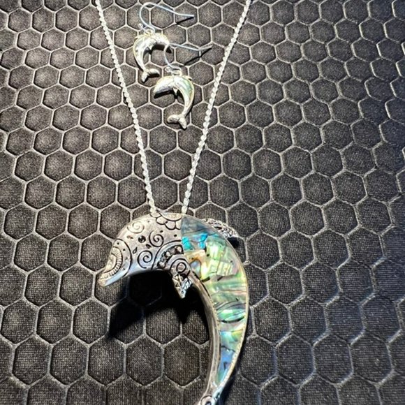 Venice By The Sea Jewelry Jewelry - Dolphin Necklace and Earring Set with Green Abalone Stone 18K White Gold Plated